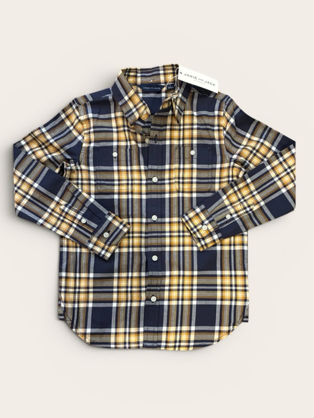 NWT- Janie and Jack Navy, Yellow & Cream Plaid Button-Up Shirt